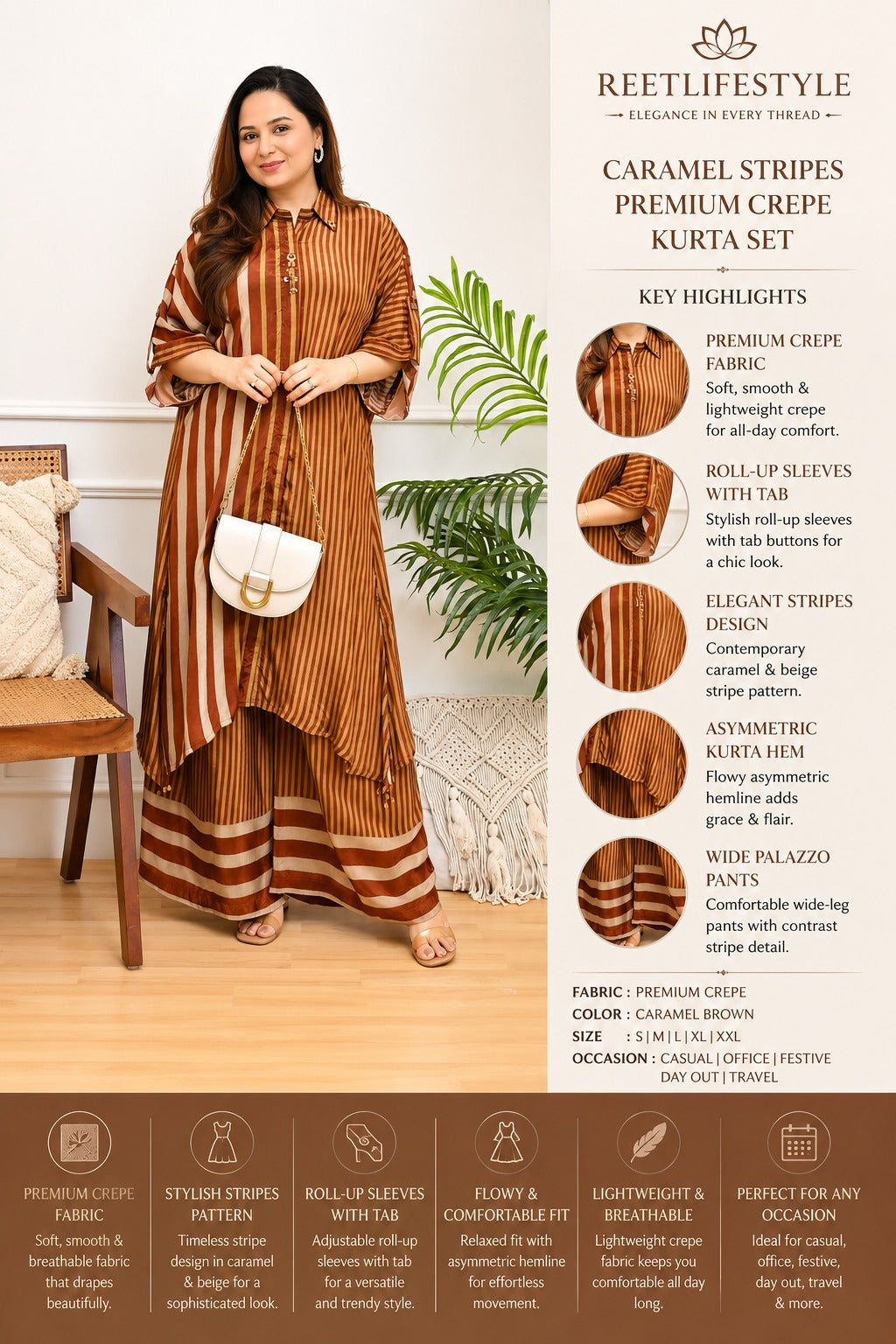 Caramel Stripes Premium Crepe Kurta Set