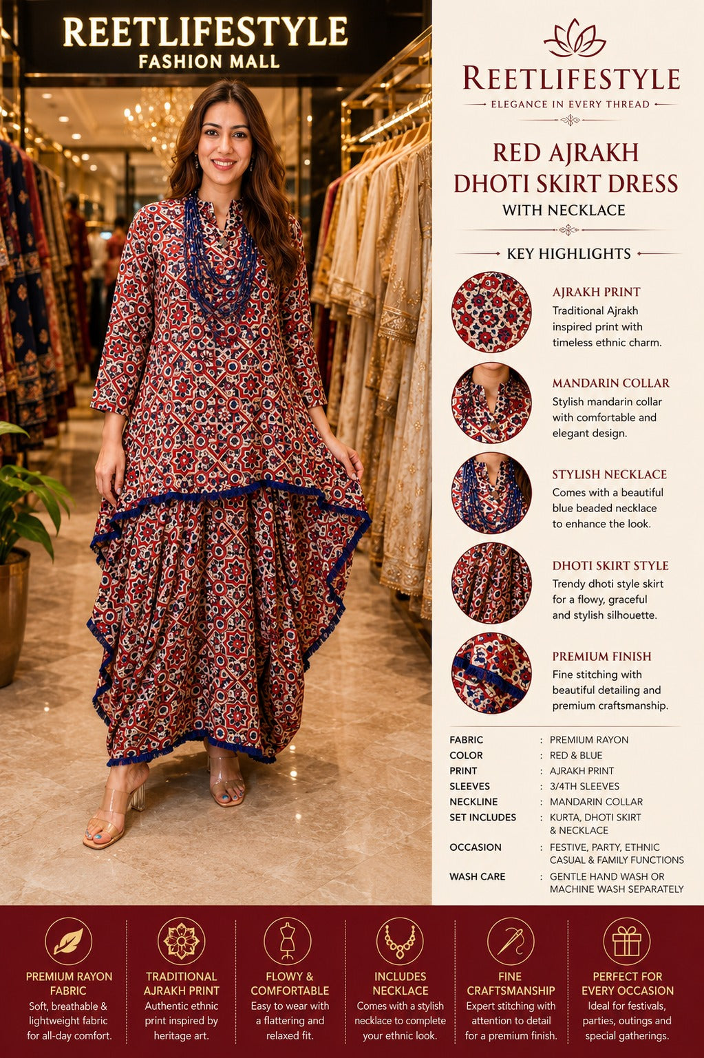 Red Ajrakh Dhoti Skirt Dress with Neckpiece