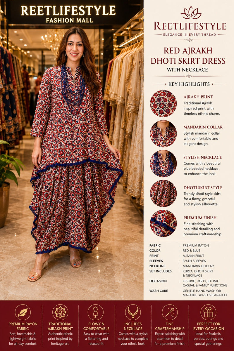 Red Ajrakh Dhoti Skirt Dress with Neckpiece