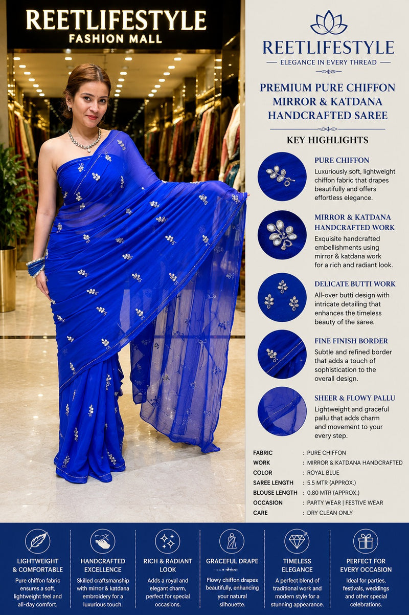 Royal Blue Pure Chiffon Mirror & Katdana Handcrafted Saree