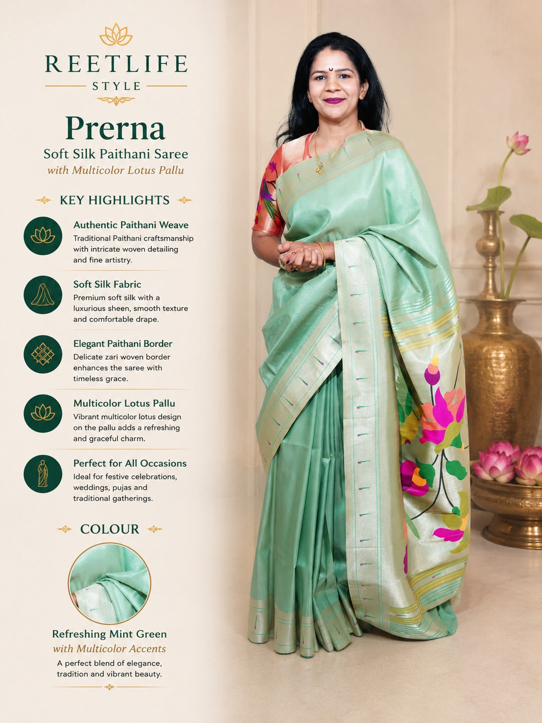 Lotus Soft Silk Paithani Saree with Multicolor Pallu