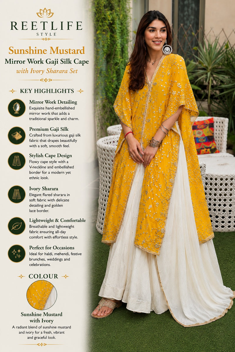 Sunshine Mustard Mirror Work Gaji Silk Cape with Ivory Sharara Set