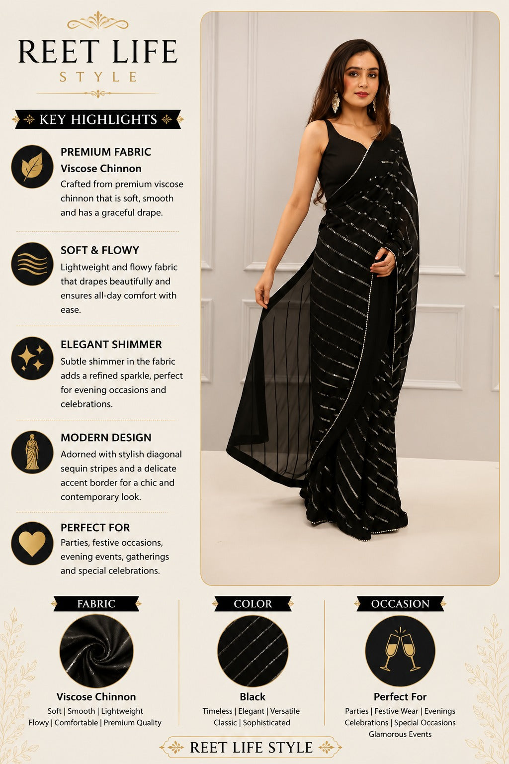 Rajvanya Royal black Sparkle Saree