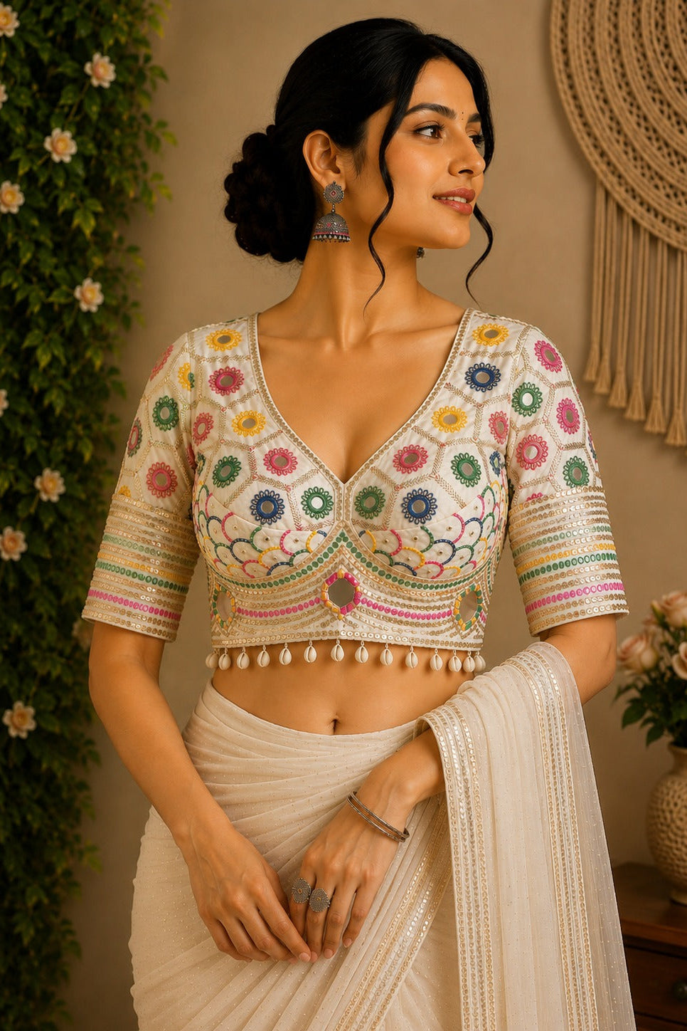 Ivory Navrang Mirror Work Designer Blouse