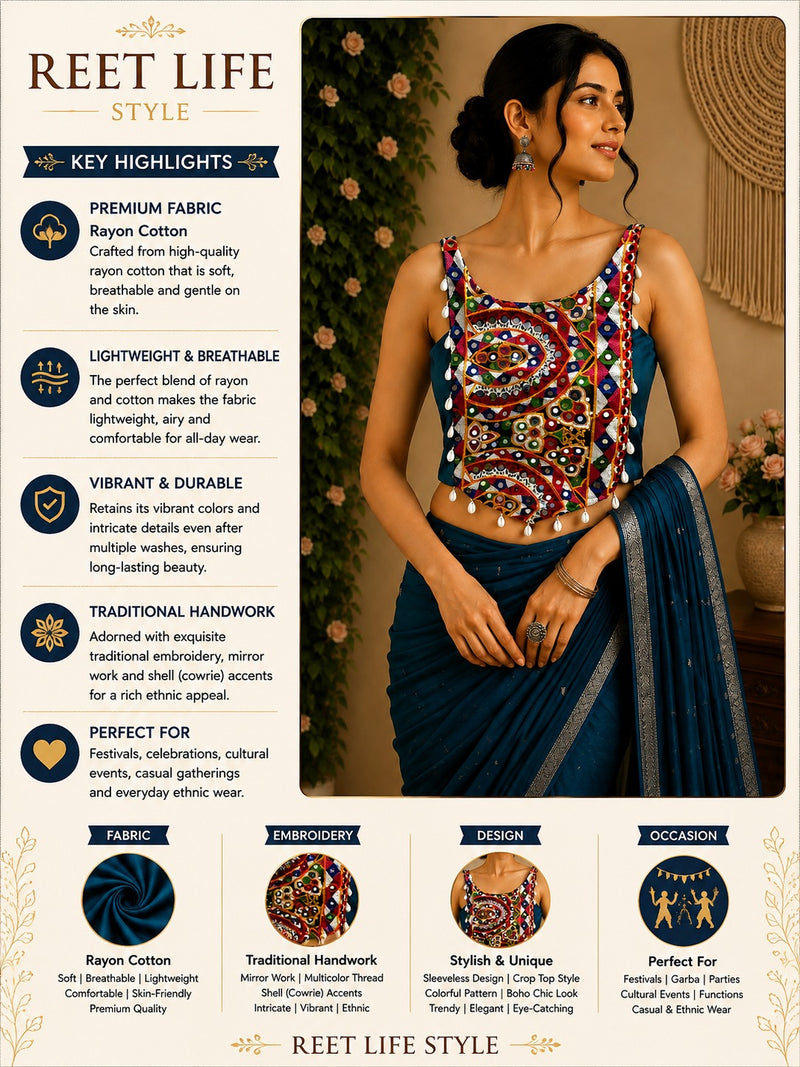 Petrol Blue Kutchi Mirror Work Designer Blouse