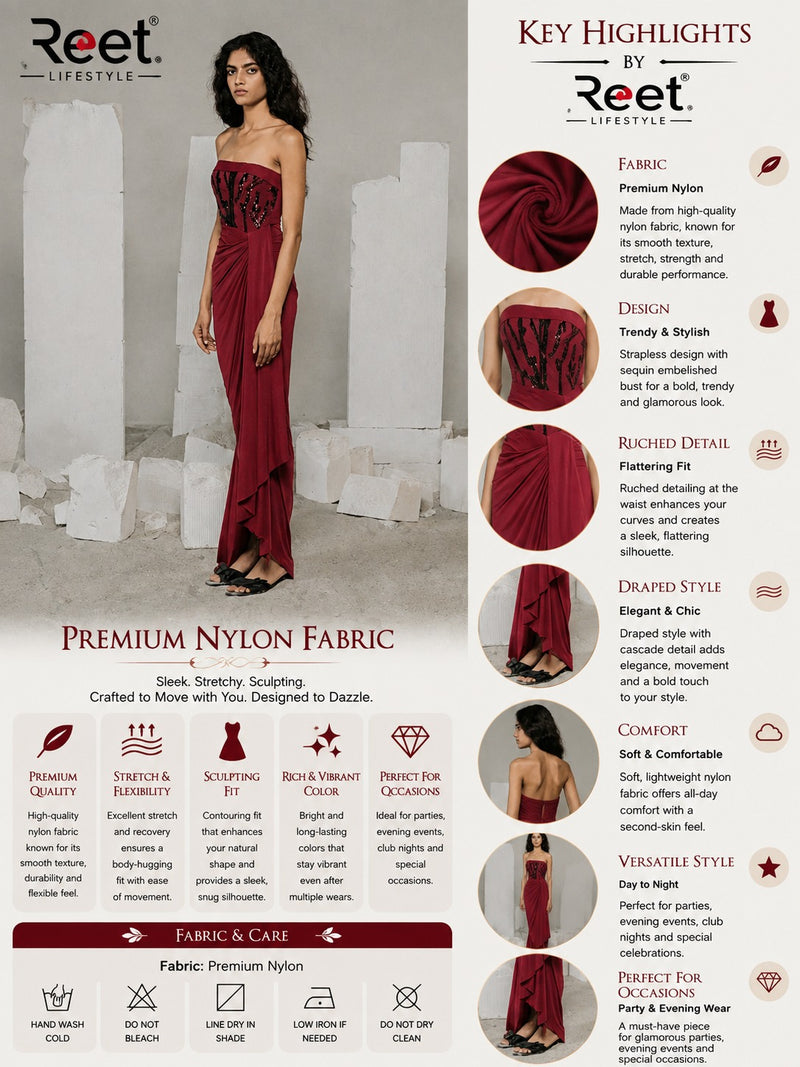 Burgundy Sequin Draped Glamour Gown