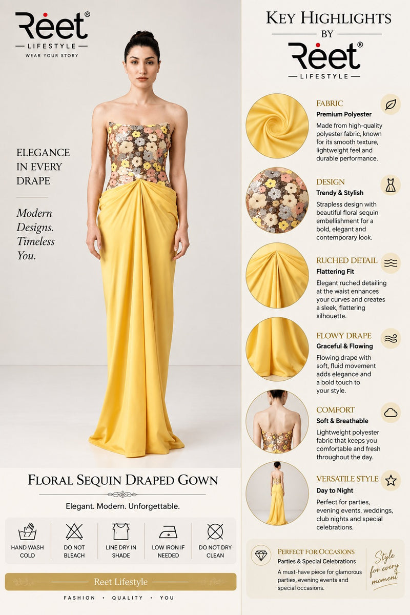 Golden Bloom Sequin Draped Gown