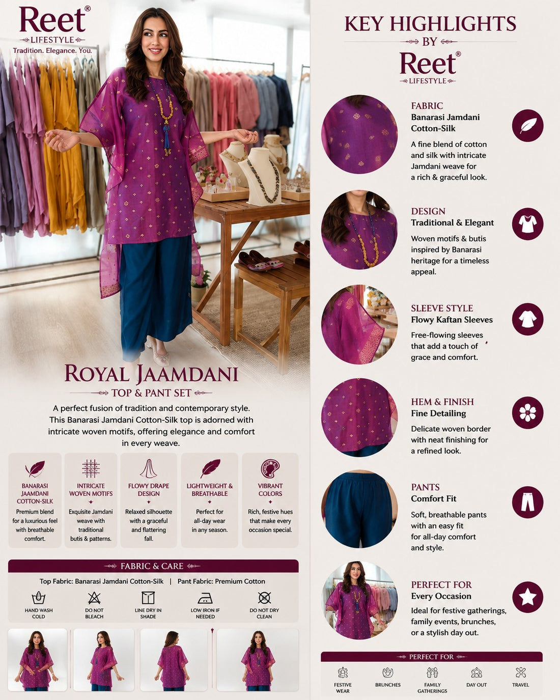 Noor-e-Rang Banarasi Jamdani Kaftan Set with Camisole & Neckpiece
