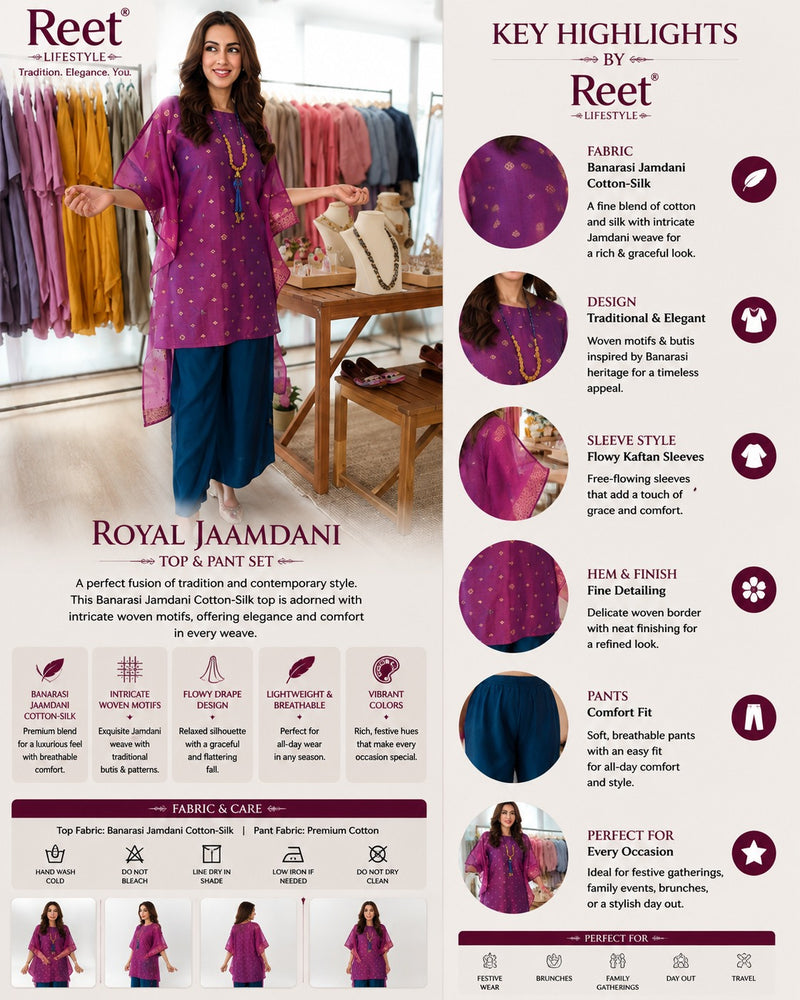 Noor-e-Rang Banarasi Jamdani Kaftan Set with Camisole & Neckpiece