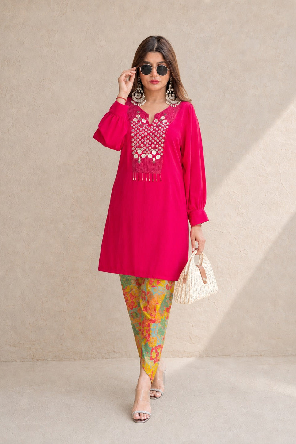 Fuchsia Crepe Kurta with Printed Dhoti Pants