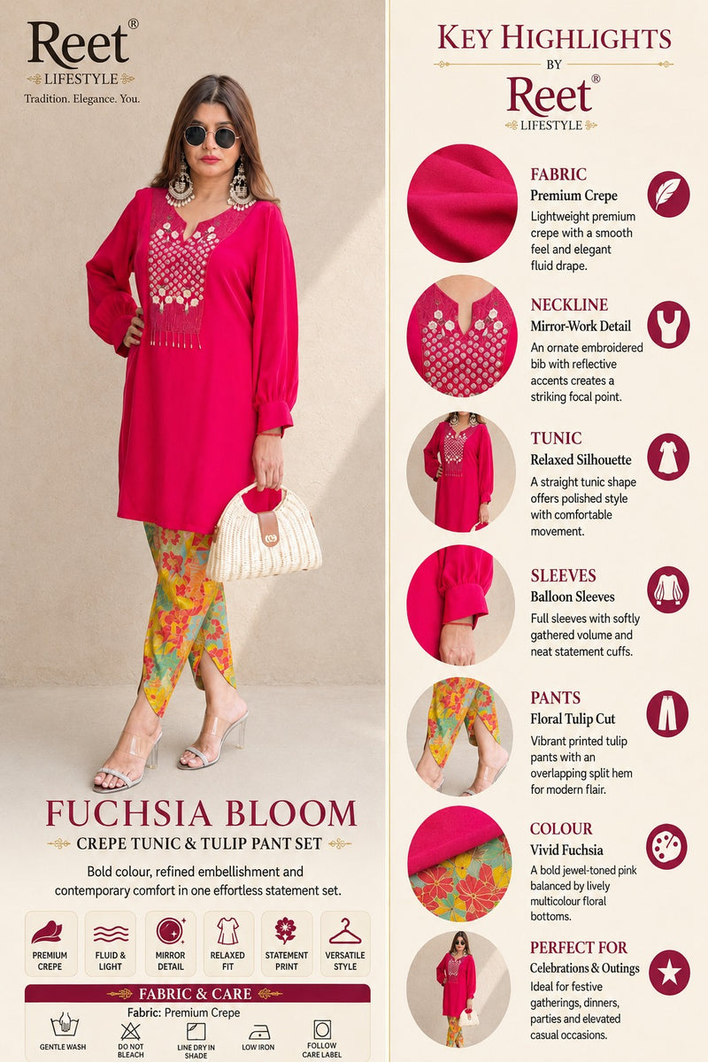 Fuchsia Crepe Kurta with Printed Dhoti Pants