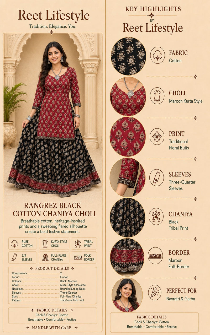 Ajrakh Black cotton chaniya choli kurta style blouse
