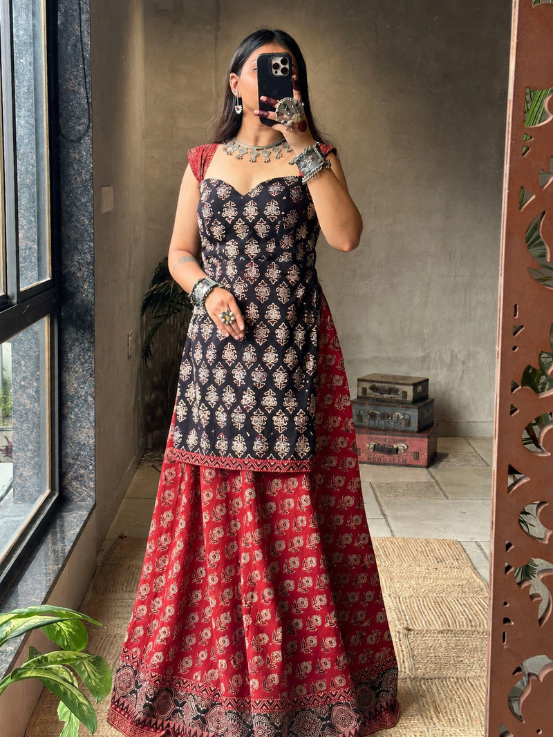black & Red cotton chaniya choli kurta style blouse Set