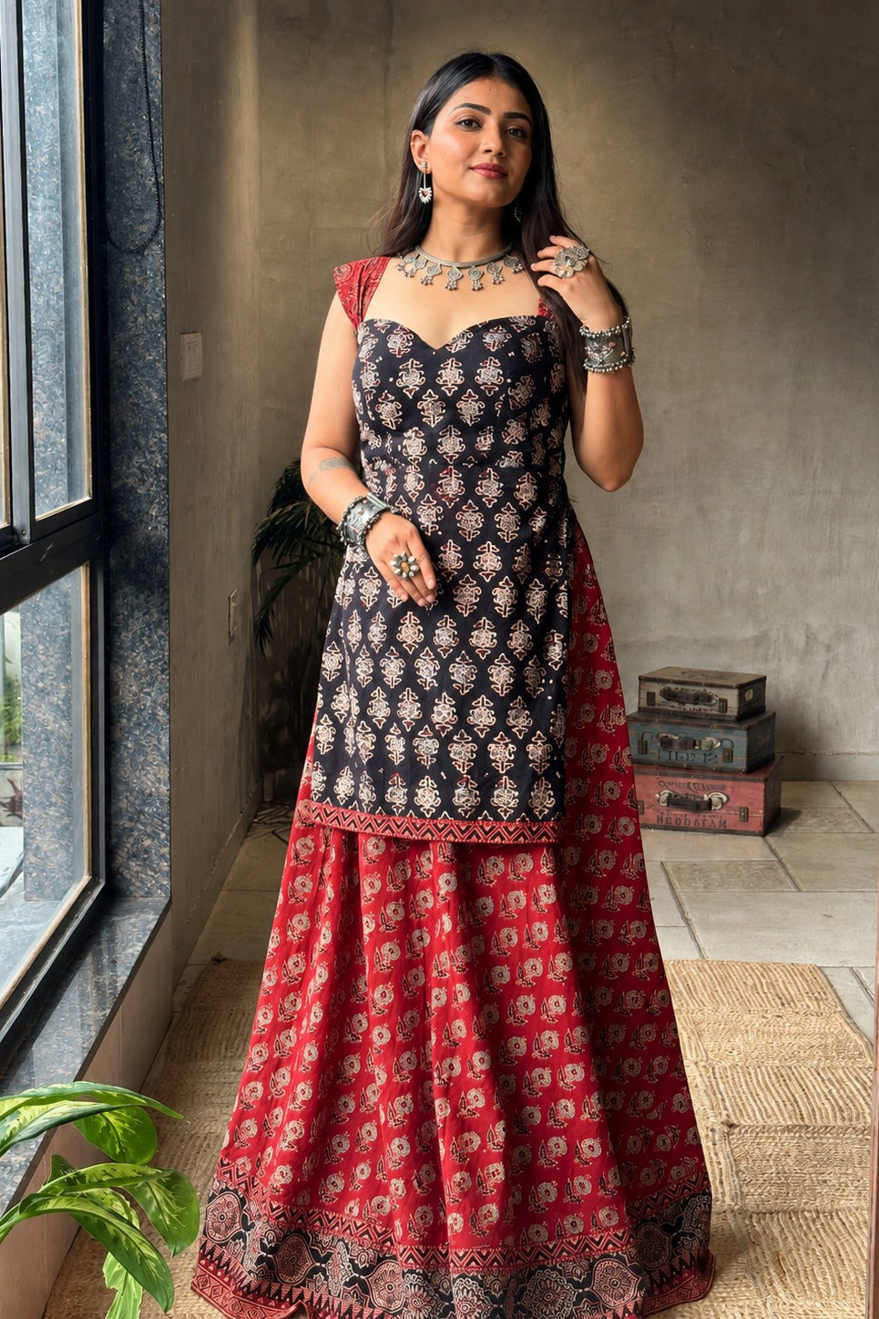 black & Red cotton chaniya choli kurta style blouse Set