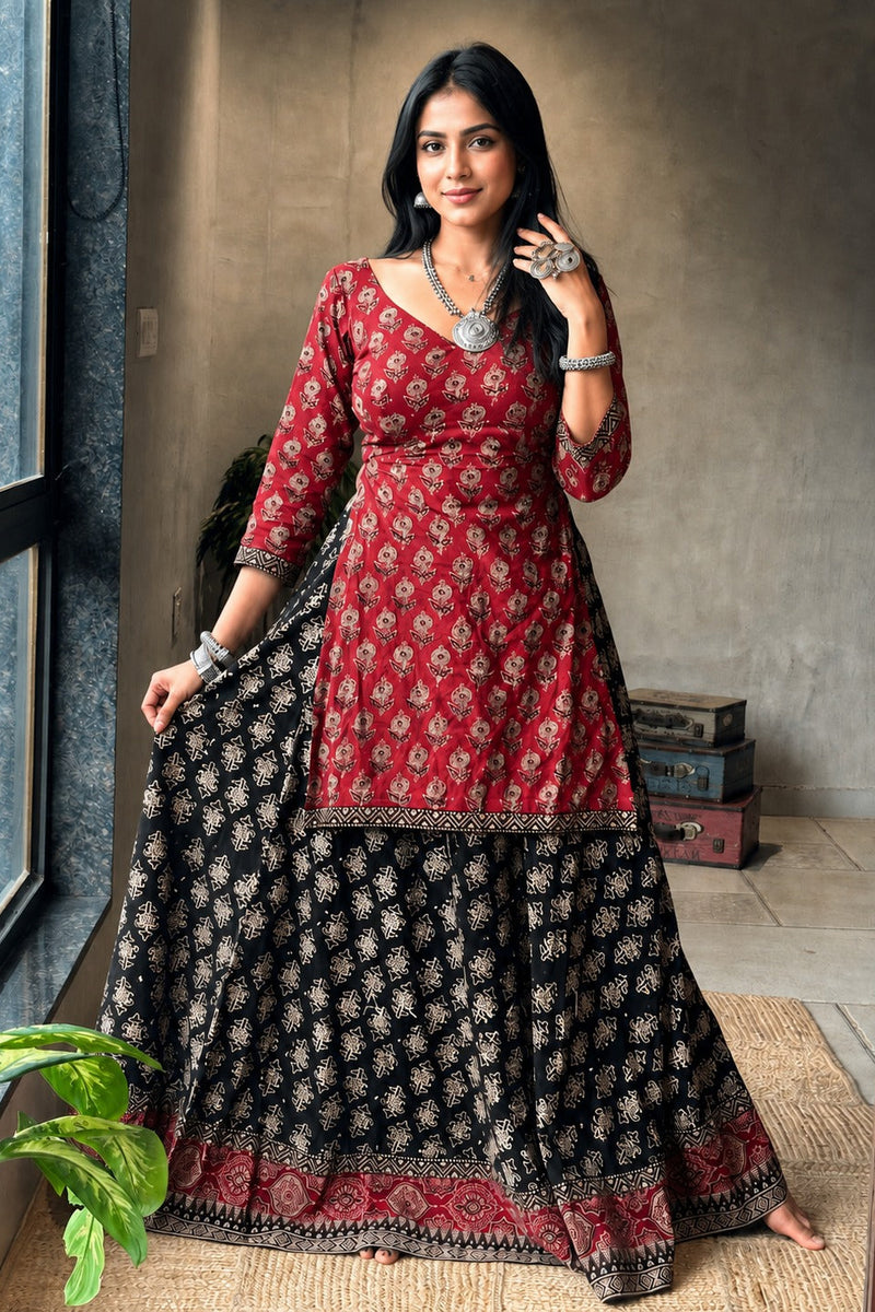 Ajrakh Black cotton chaniya choli kurta style blouse