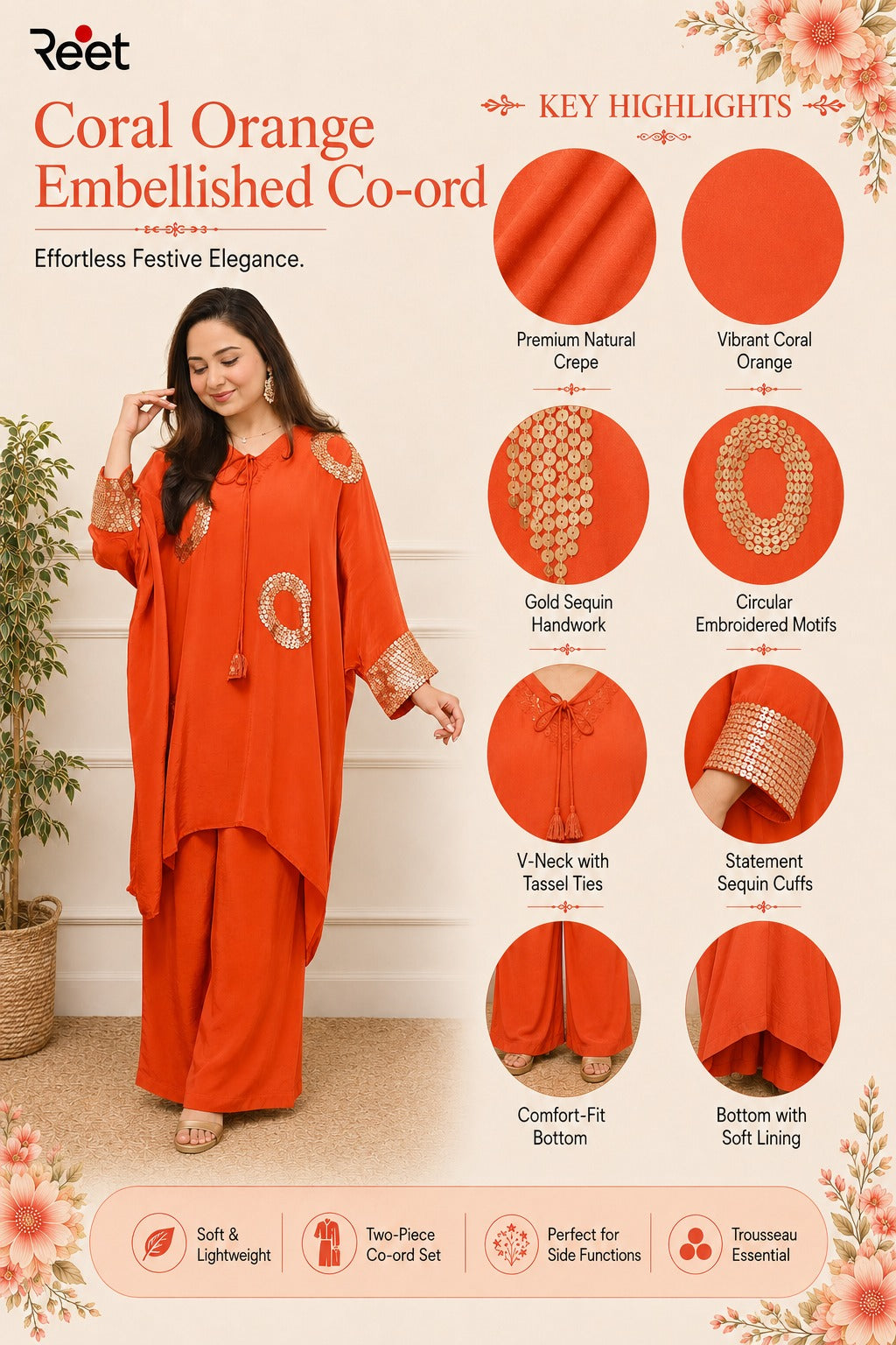 Coral Orange Embellished Co-ord