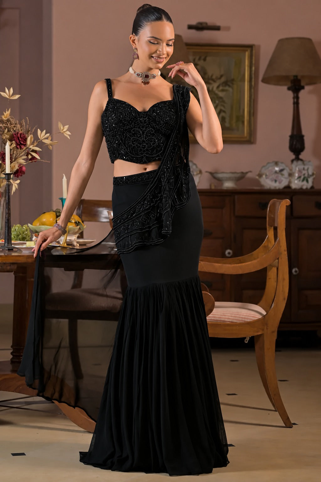 Mehr Black Crystal Mermaid Skirt Set