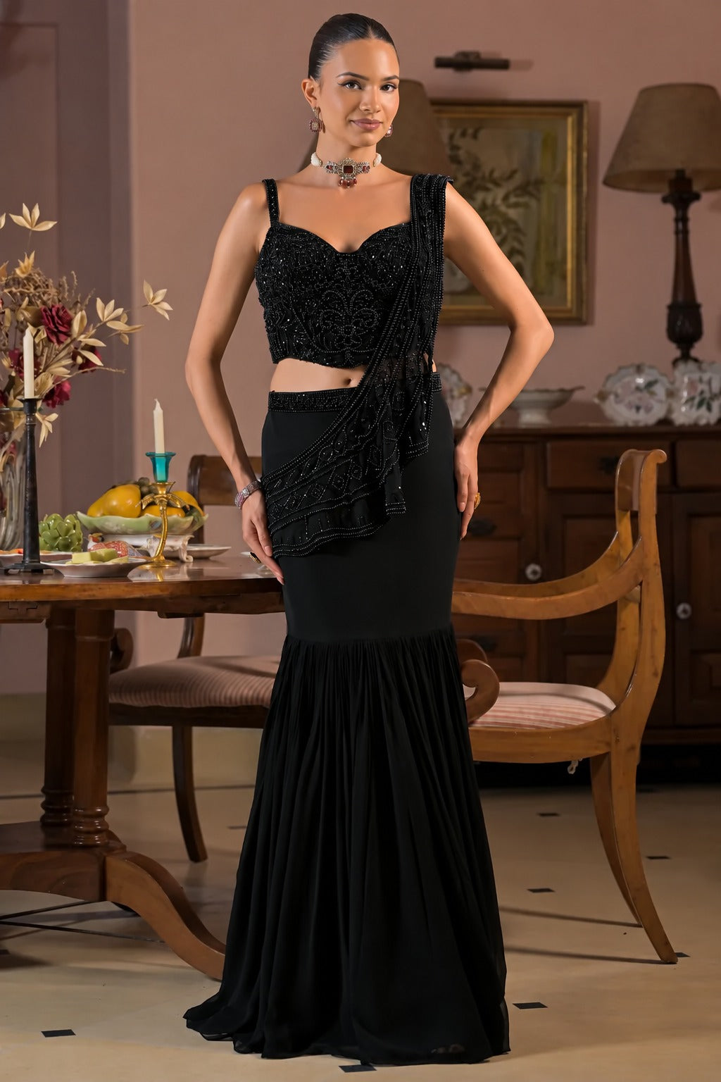 Mehr Black Crystal Mermaid Skirt Set