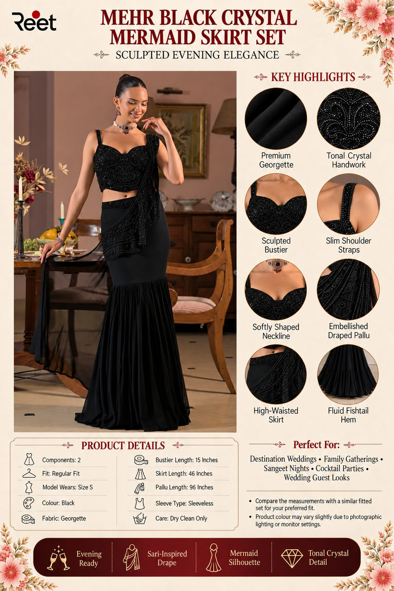 Mehr Black Crystal Mermaid Skirt Set