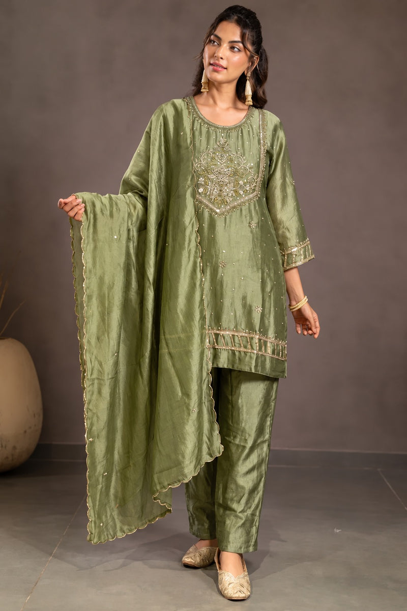 Sage Green Embellished A-Line Suit Set
