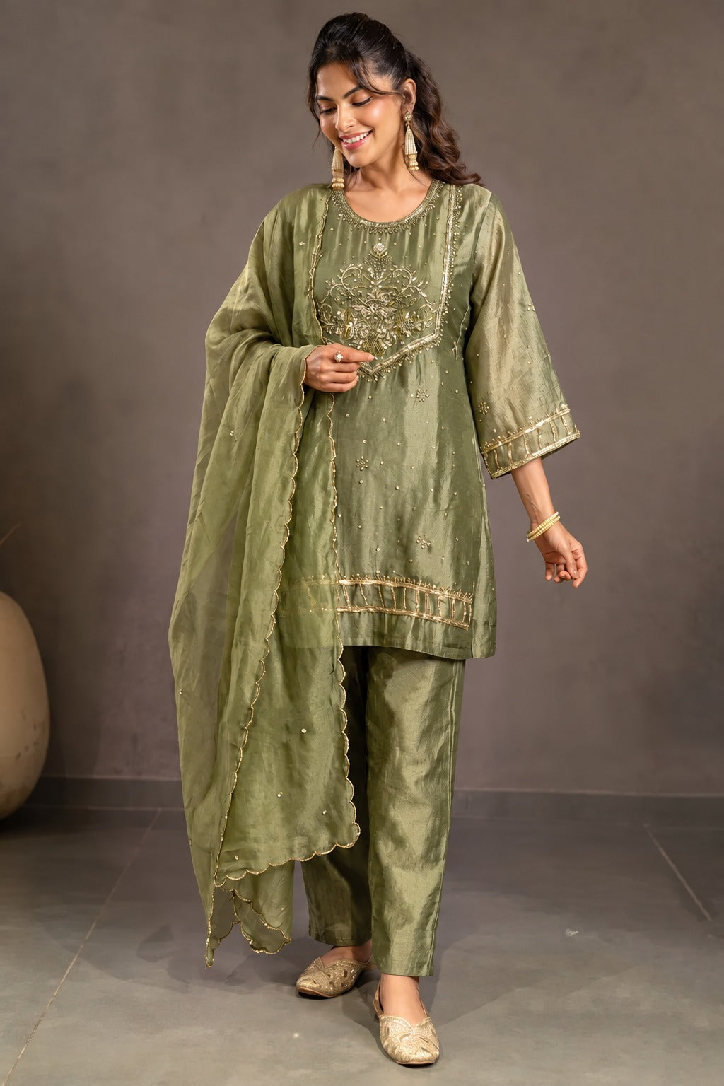 Sage Green Embellished A-Line Suit Set
