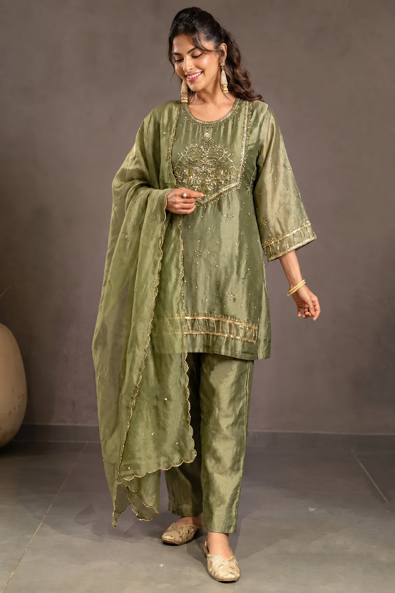 Sage Green Embellished A-Line Suit Set
