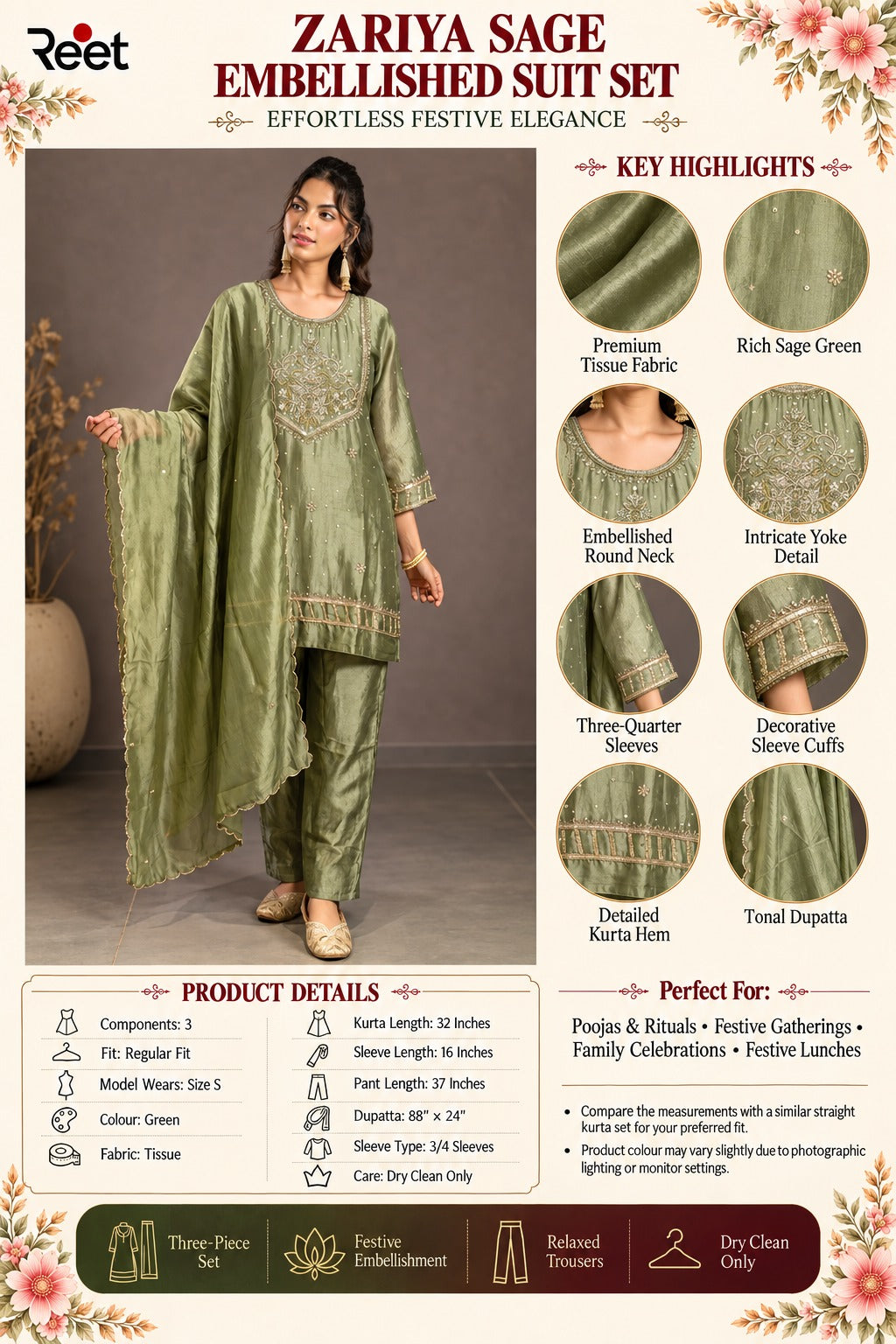 Sage Green Embellished A-Line Suit Set