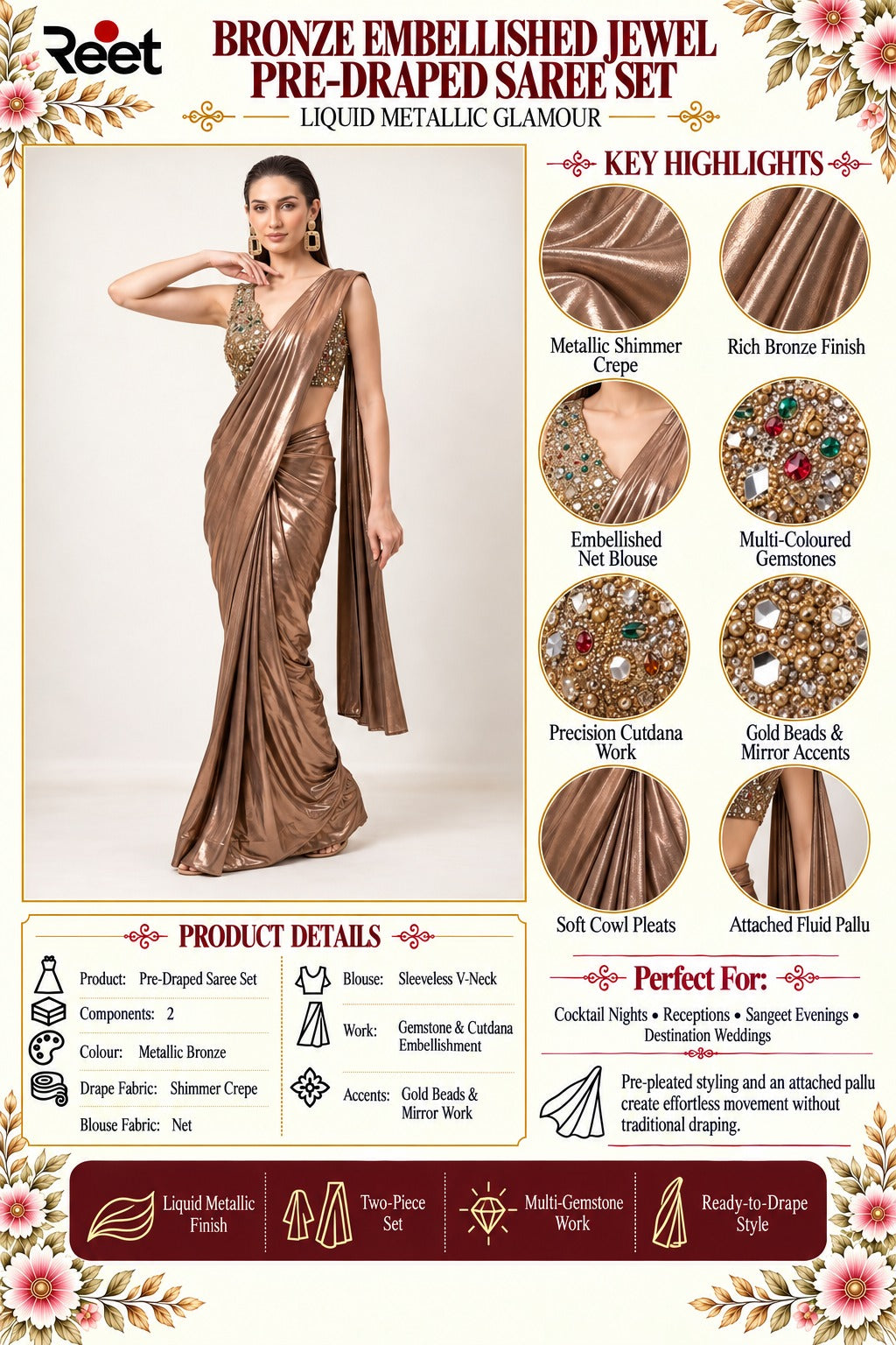 Bronze Embellished Jewel Pre-Draped Saree Set