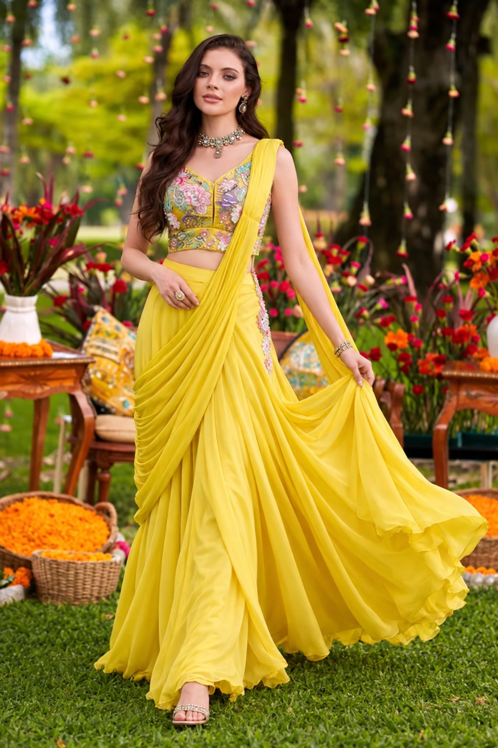 Yellow Embroidered Pre-Draped Palazzo Saree