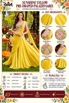 Yellow Embroidered Pre-Draped Palazzo Saree