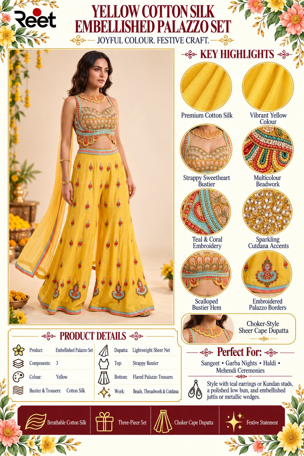 Tara Sunshine Embroidered Palazzo Set