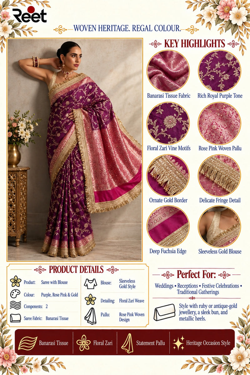 Purple Rose Heritage Saree Tissue Banarasi Saree