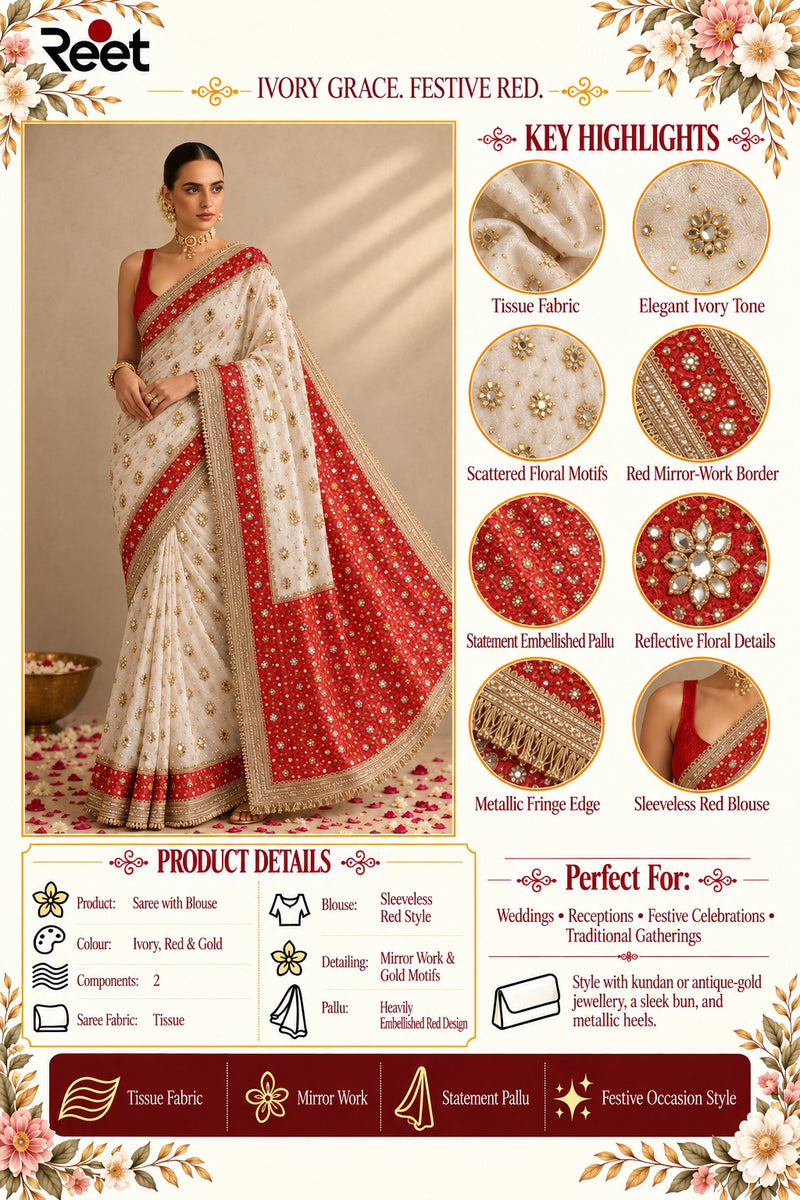 white & Red Saree with Mirror work