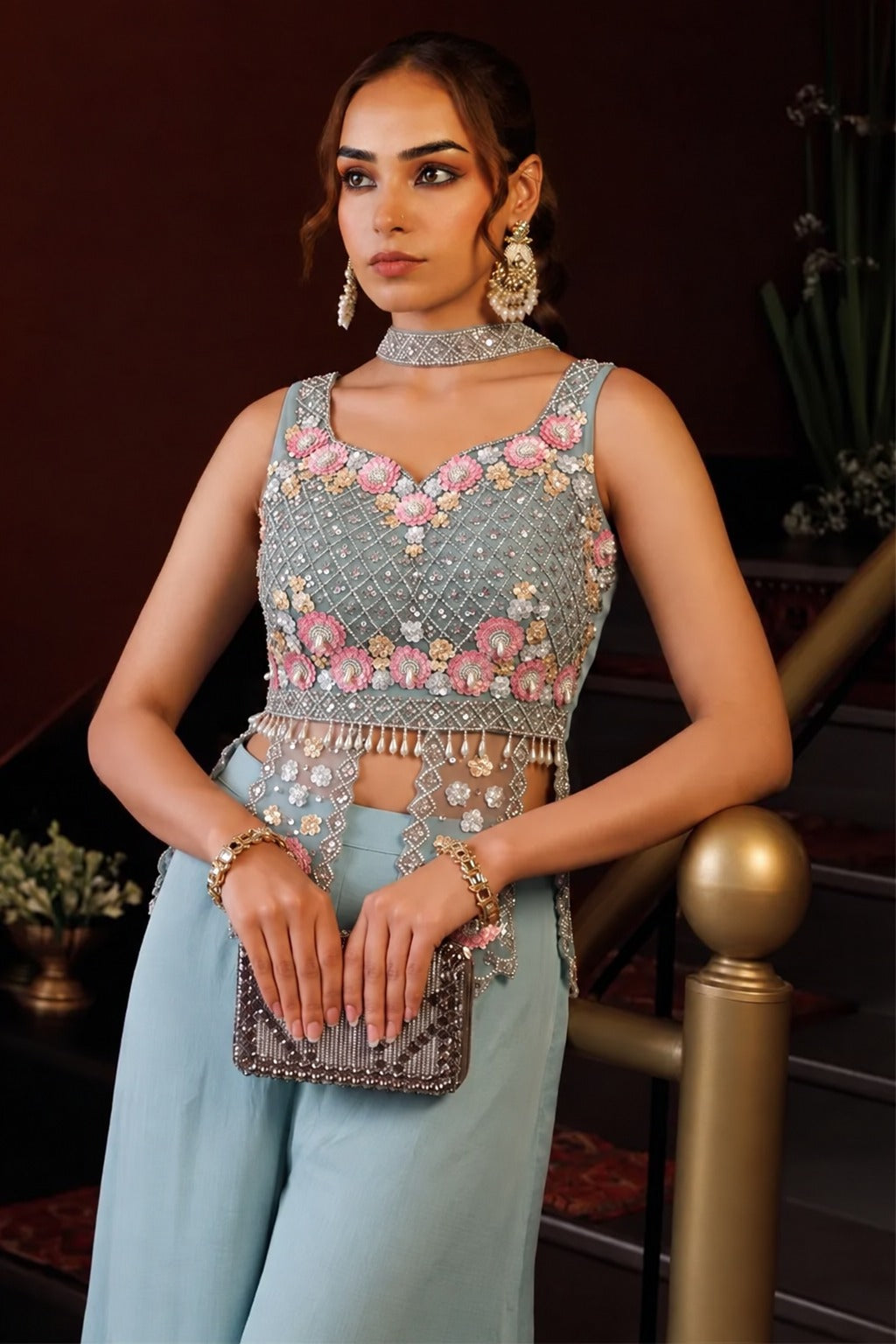 Zariya Ice Blue Embellished Palazzo Set