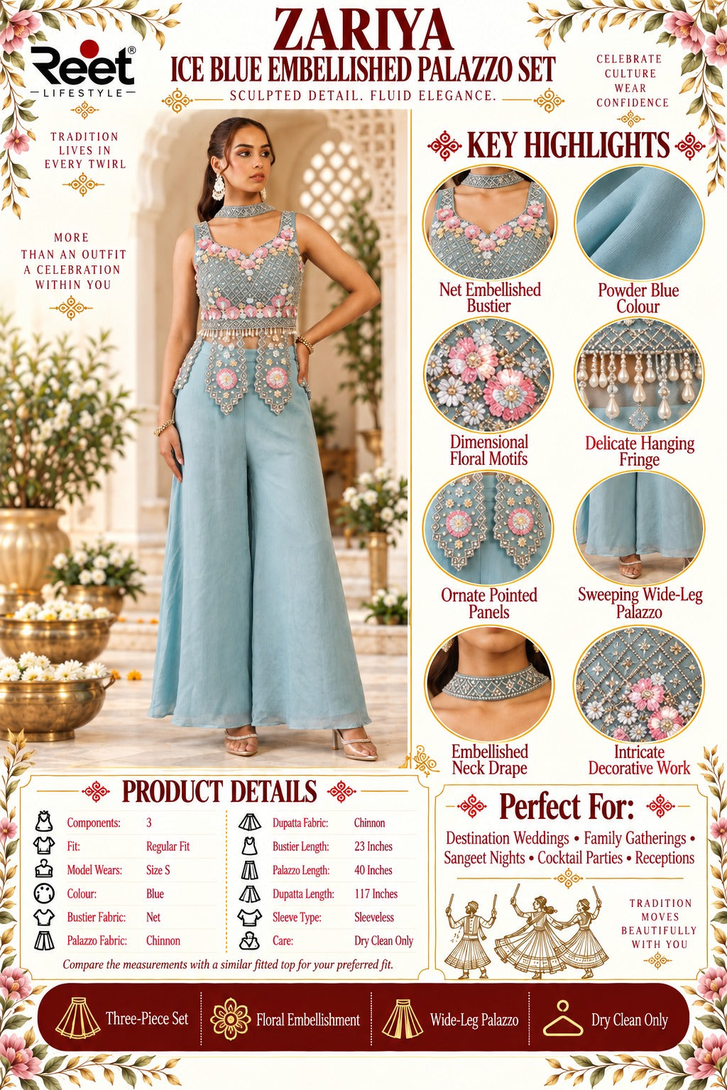 Zariya Ice Blue Embellished Palazzo Set