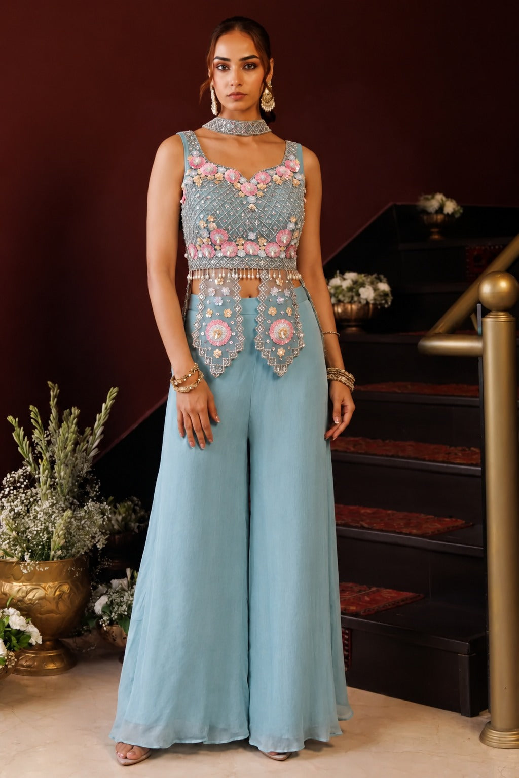 Zariya Ice Blue Embellished Palazzo Set