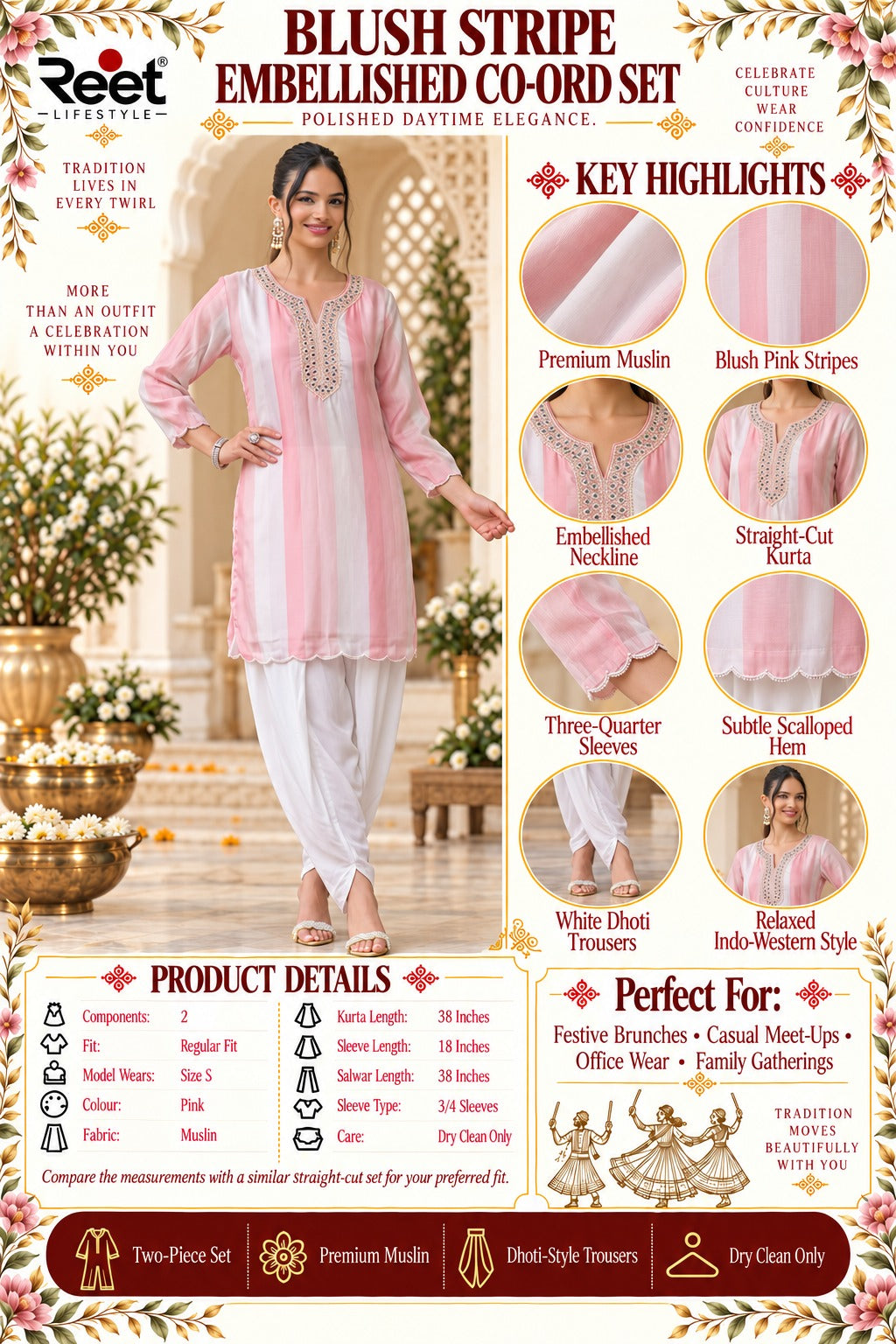 Blush Stripe Embellished Co-ord Set