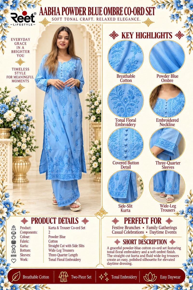 Powder Blue Embroidered Chikankari Set