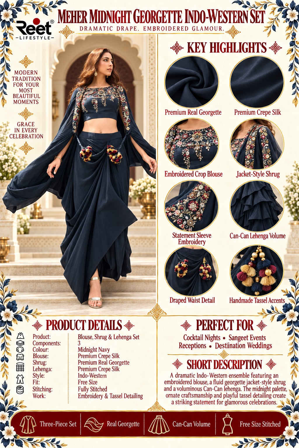 Meher Midnight Georgette Embroidered Indo Western Lehenga