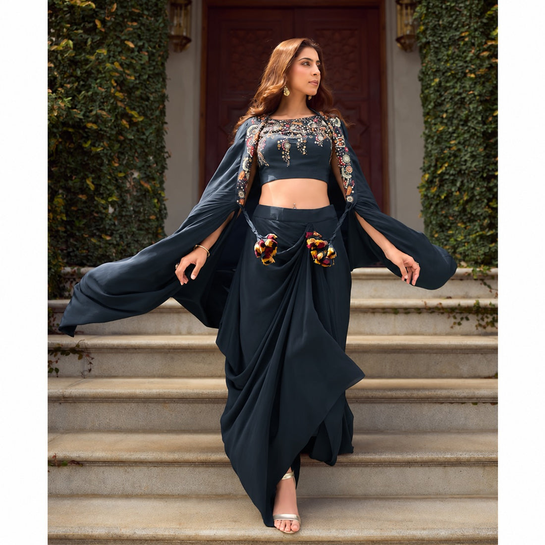 Meher Midnight Georgette Embroidered Indo Western Lehenga