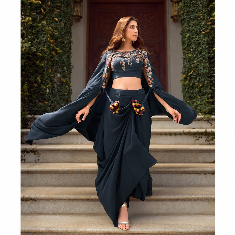 Meher Midnight Georgette Embroidered Indo Western Lehenga