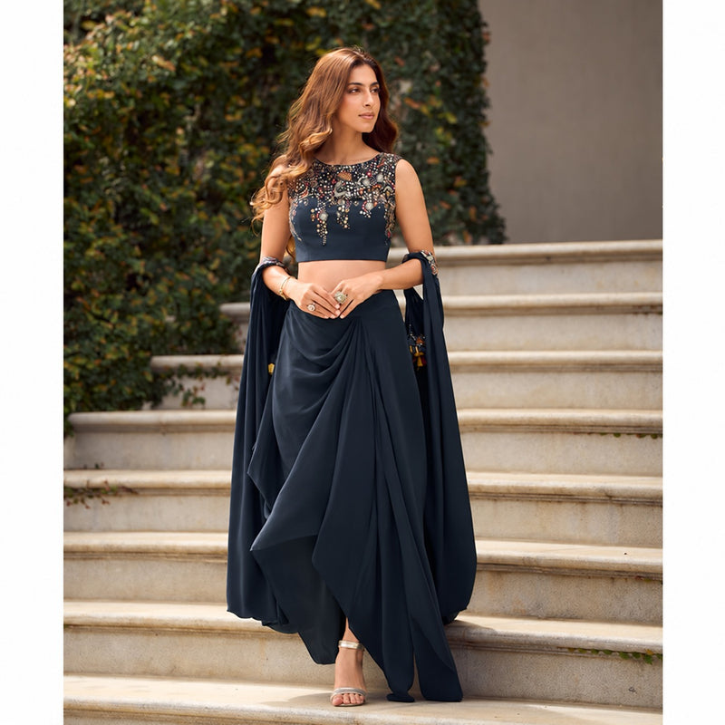 Meher Midnight Georgette Embroidered Indo Western Lehenga