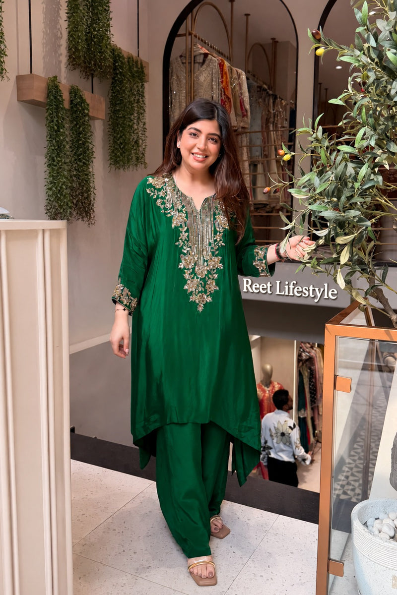 Gulnaar Emerald Hand Embroidered Co-ord Set