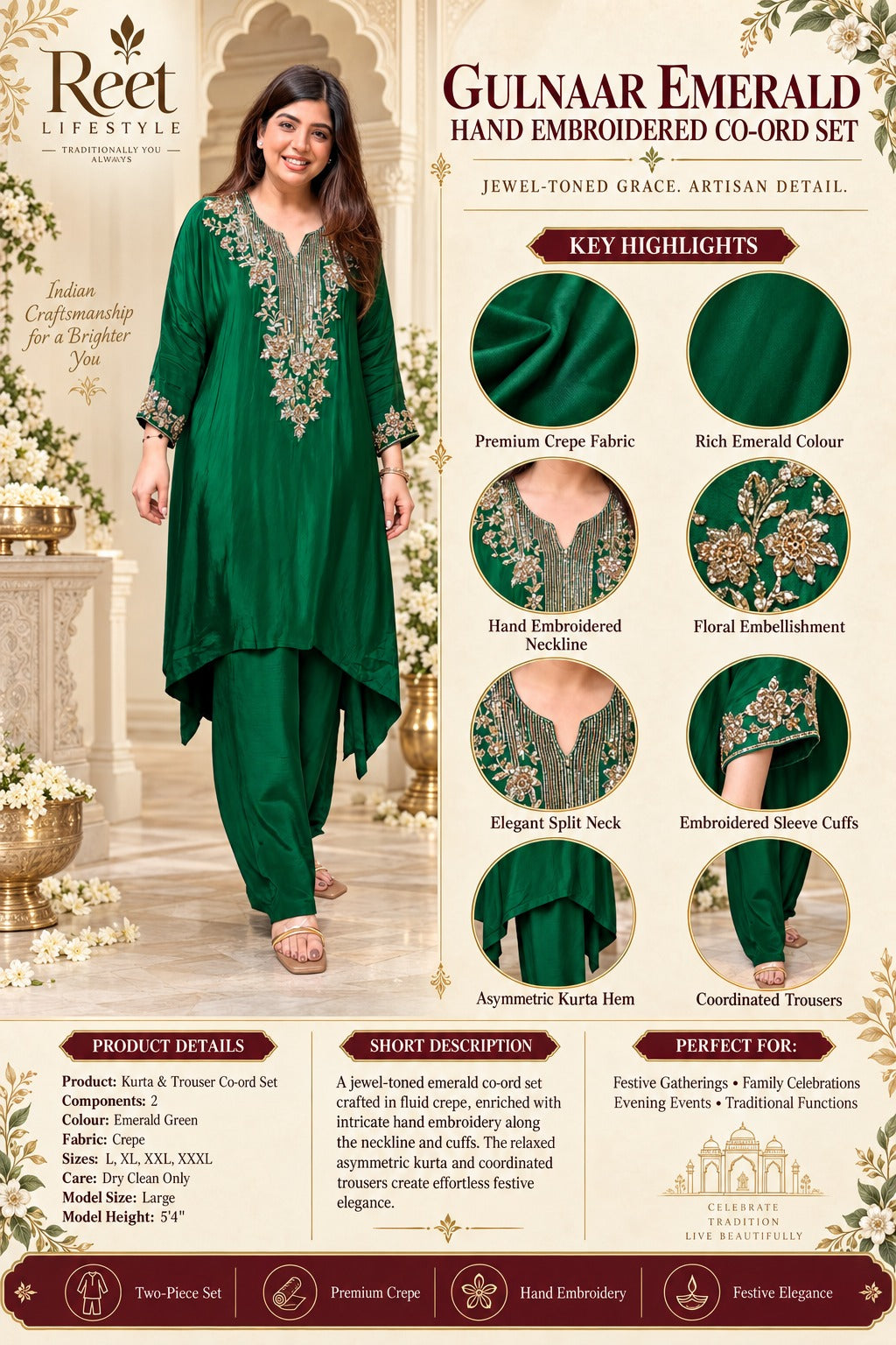 Gulnaar Emerald Hand Embroidered Co-ord Set