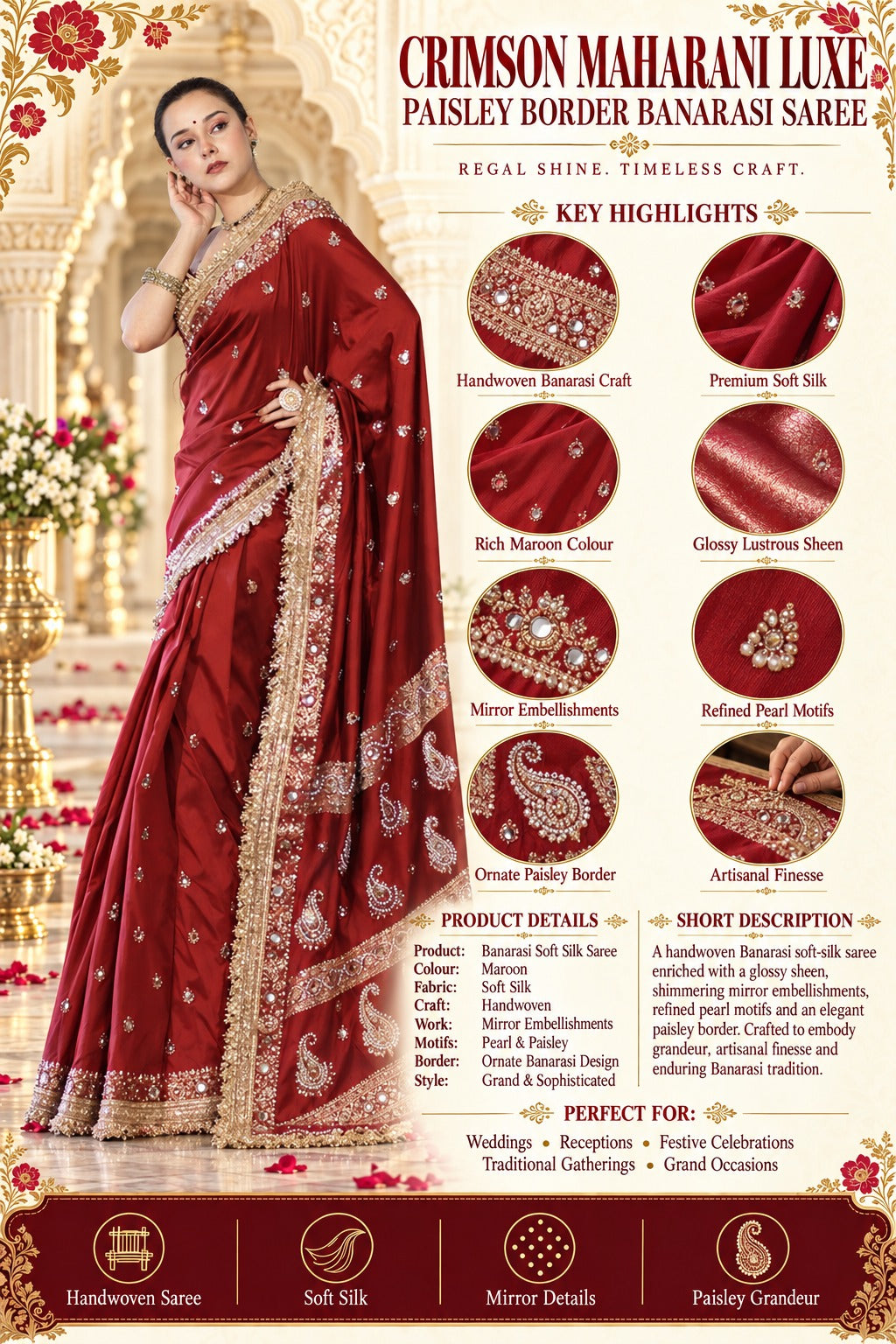 Crimson Maharani Luxe Paisley Border Banarasi Saree