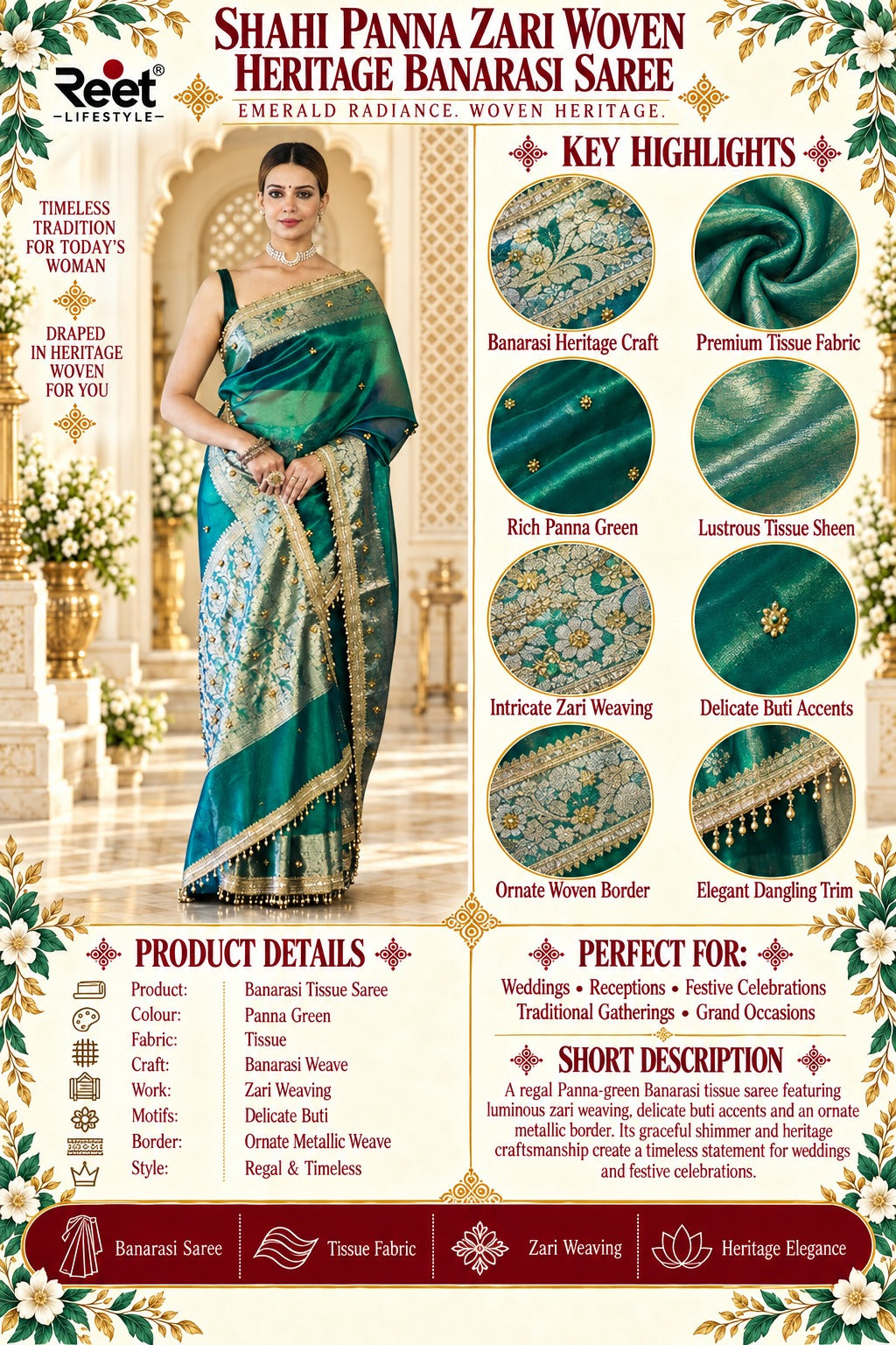 Shahi Panna Zari Woven Heritage Banarasi Saree