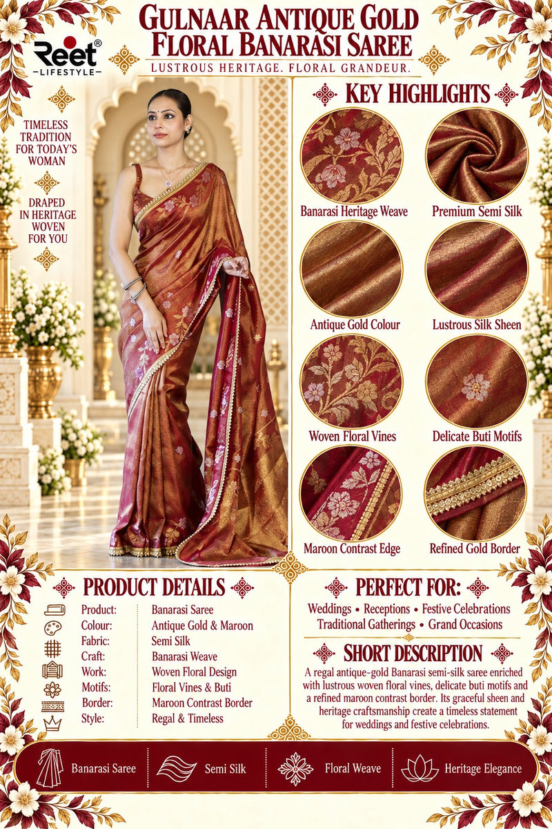 Gulnaar Antique Gold Floral Banarasi Saree