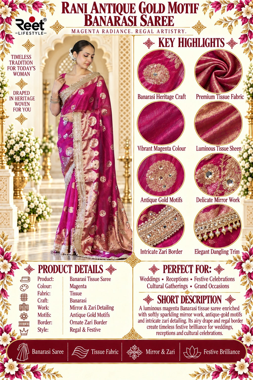 Rani Antique Gold Motif Banarasi Saree