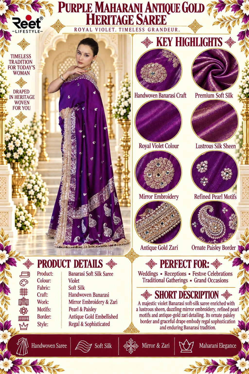 Purple Maharani Antique Gold Heritage Saree