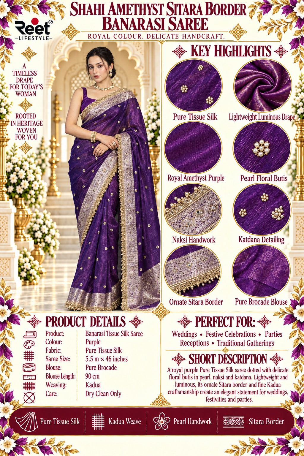 Shahi Amethyst Sitara Border Banarasi Saree